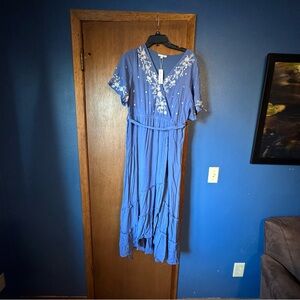Baltic Born Hi-Lo Faux Wrap Large Periwinkle Blue Midi Dress Embroidered NWT